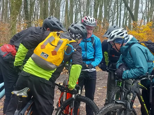 A group of cyclists in a woodland reading a map